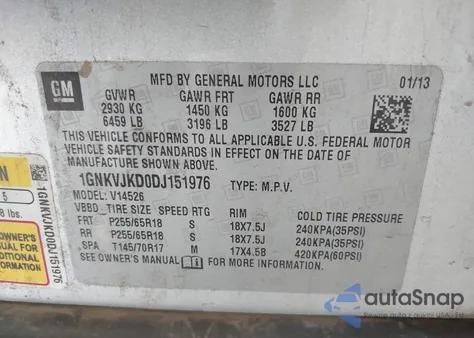 2013 Chevrolet Traverse 2Lt z USA, uszkodzony, nr VIN 1GNKVJKD0DJ151976